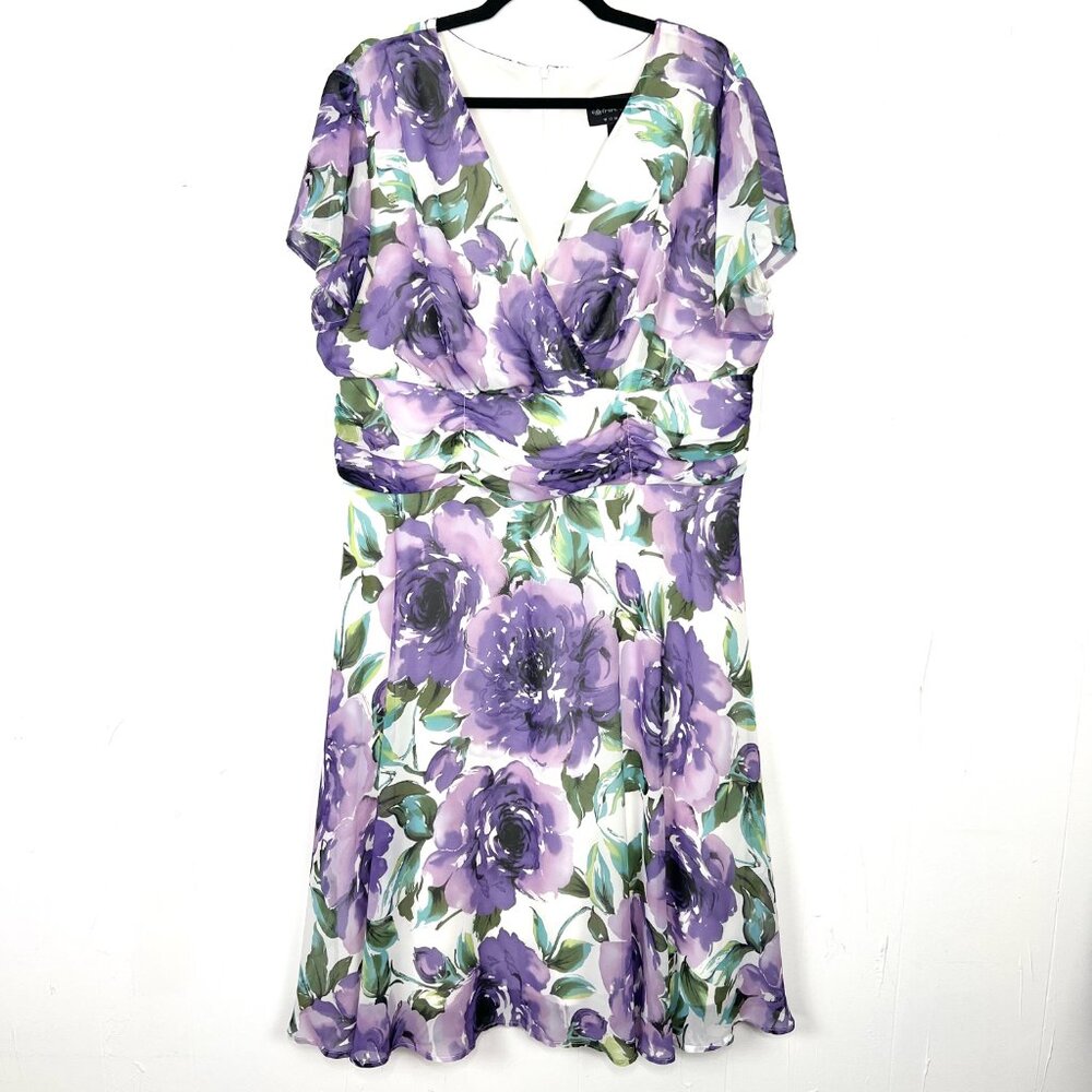 Connected Woman‎ Purple Floral Midi Dress Flutter Sleeve Spring Easter 18W 1X